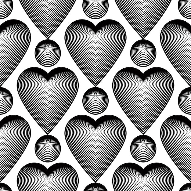 Patrón sin fin de rayas monocromáticas vectoriales, fondo geométrico continuo de arte con líneas gráficas y corazones de amor.
