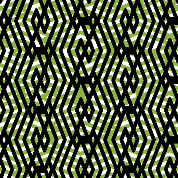 Patrón sin fin rítmico brillante con líneas negras en zigzag, textil creativo continuo vívido, fondo de motivos geométricos con rombos.