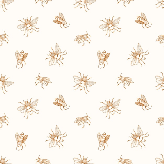 Patrón sin fisuras con abejas dibujadas con curvas de nivel en beige