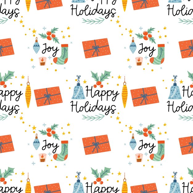 Patrón sin fisuras de acogedoras decoraciones navideñas con texto. Postal con adorno, texto, calcetines, regalo, floral. Ilustración de niños. Colección de moda Scrapbook