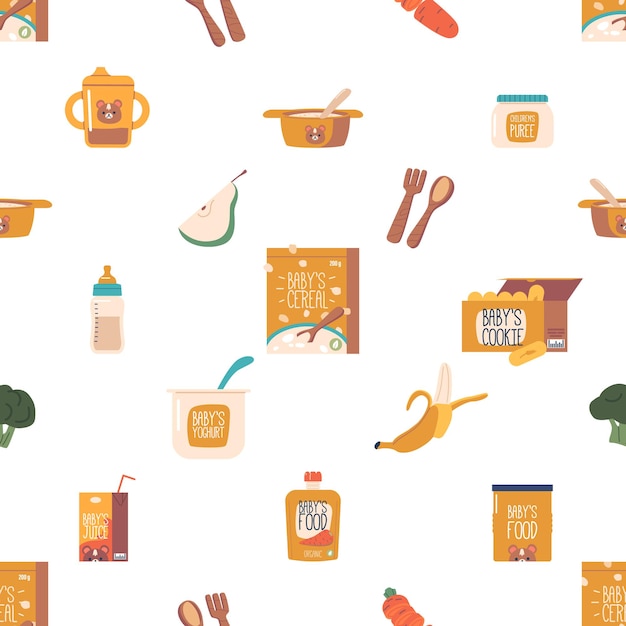 Patrón Sin Fisuras Con Adorables Alimentos Para Bebés Perfectos Para Un Diseño Encantador Y Juguetón Para Productos Y Accesorios Para Niños Ilustración Vectorial De Dibujos Animados Papel Tapiz De Borde Horizontal