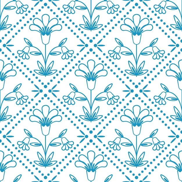 Patrón sin fisuras con adorno floral. diseño de patrón floral vintage rústico. flores y hojas simples con un contorno azul sobre un fondo blanco. ilustración vectorial