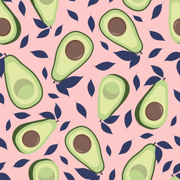 Vector patrón sin fisuras de aguacate con hojas. fondo rosa