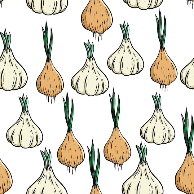 Patrón sin fisuras de ajo y cebolla con doodle arte o estilo de dibujo a mano