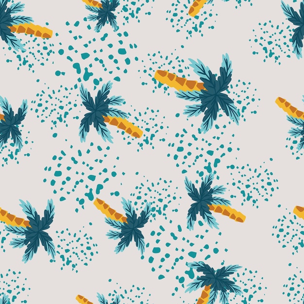 Patrón sin fisuras al azar con impresión de siluetas de palmeras de coco de doodle. Fondo con salpicaduras. Diseñado para diseño de tela, estampado textil, envoltura, funda. Ilustración vectorial.