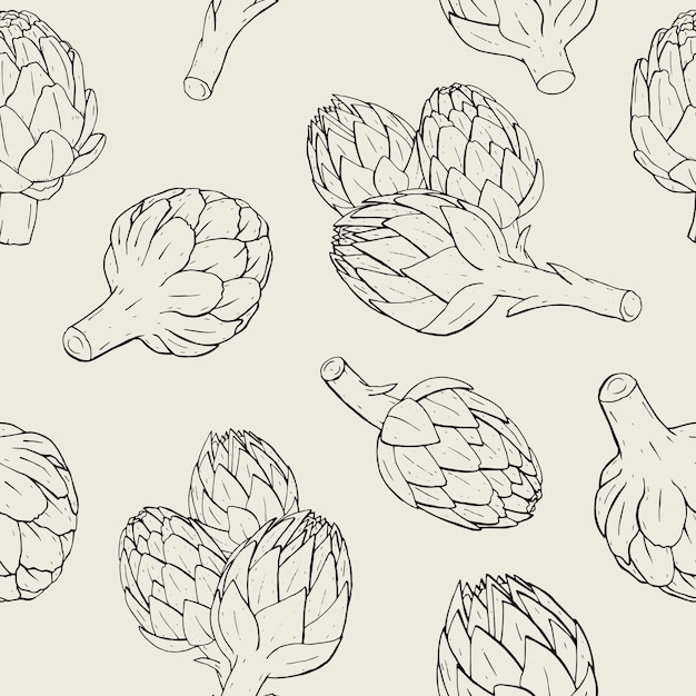 Patrón sin fisuras de alcachofa con planta dibujada a mano. ilustración de contorno