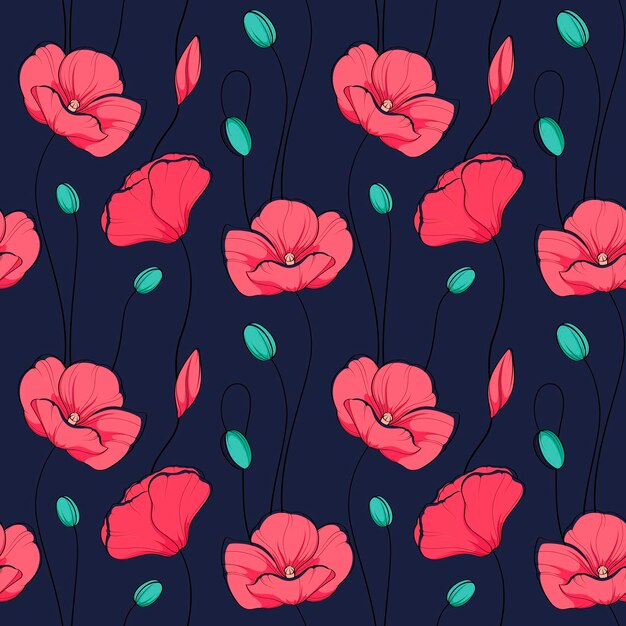 Patrón sin fisuras con amapolas sobre un fondo oscuro