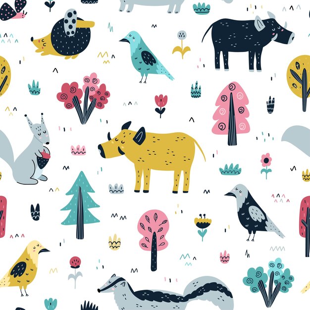 Patrón sin fisuras de animales del bosque en la ilustración de estilo escandinavo