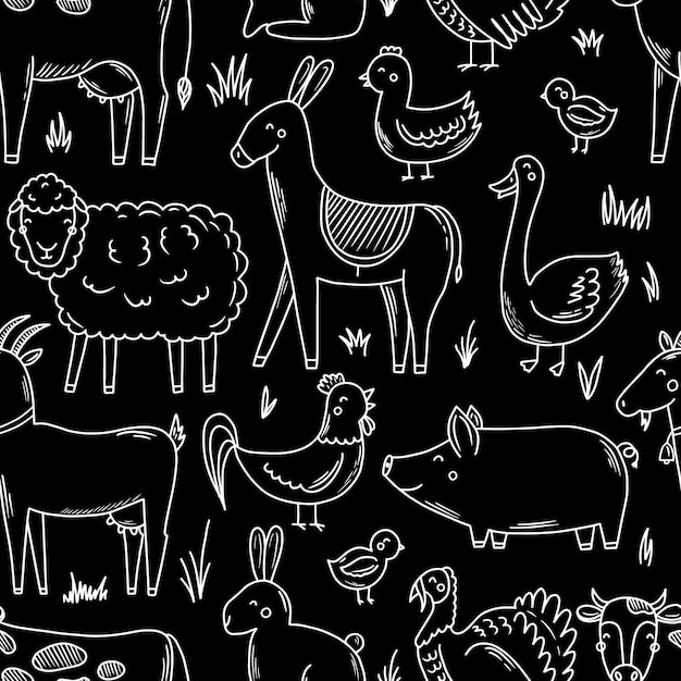 Vector patrón sin fisuras con animales de granja en estilo doodle ilustración vectorial para su diseño