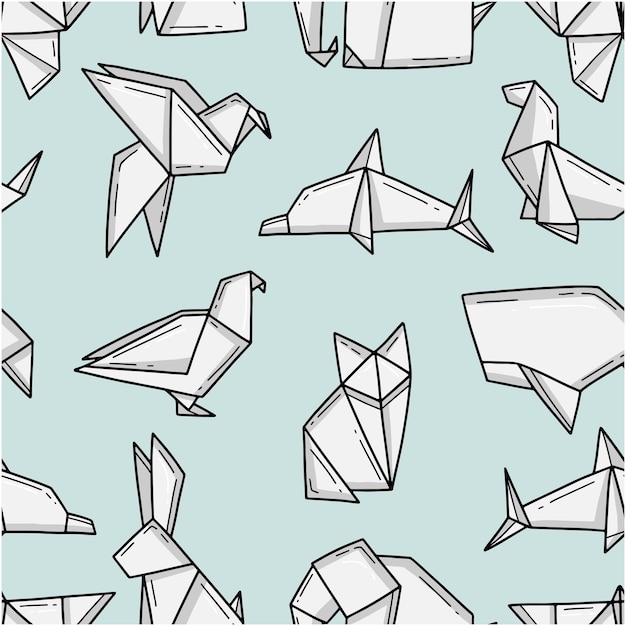 Patrón sin fisuras con animales de origami en un estilo de dibujo simple sobre un fondo azul claro