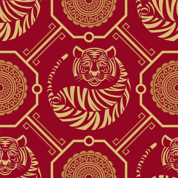 Patrón sin fisuras con el año nuevo chino 2022 año del zodíaco del signo del tigre con elementos asiáticos.