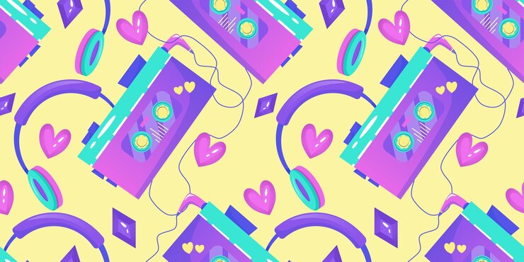 Vector patrón sin fisuras de los años 90 en estilo retro. ilustración de vector de estilo de dibujos animados 1990. diseño vectorial de moda. color neon. auriculares de patrones sin fisuras, reproductor de cassette y strass.