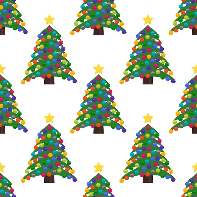 Patrón sin fisuras con árbol de Navidad con bolas de Navidad y una estrella en la parte superior. Ilustración vectorial.