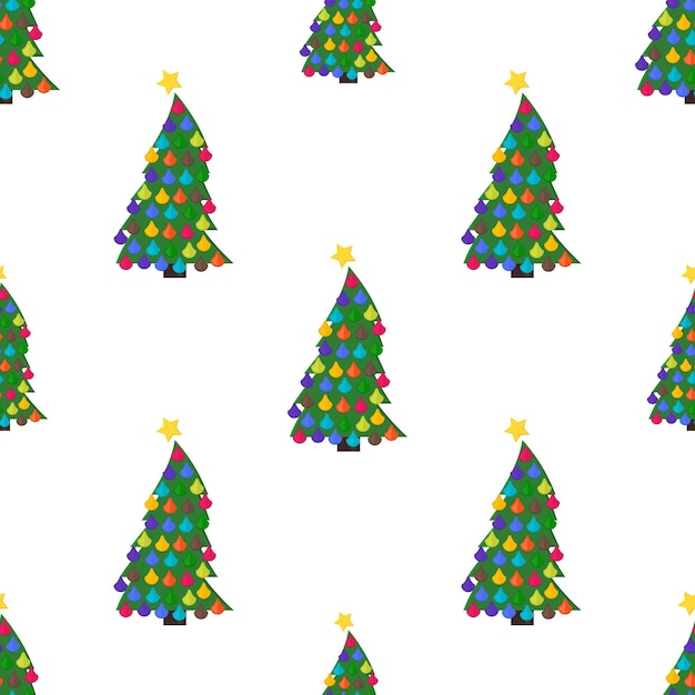 Patrón sin fisuras con árbol de navidad con bolas de navidad y una estrella en la parte superior. ilustración vectorial.
