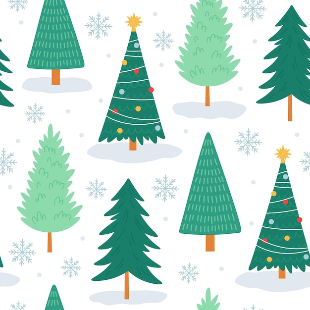 Patrón sin fisuras de árbol de Navidad. Impresión de Noel con copos de nieve, decoración navideña y árboles del bosque. Fondo de pantalla de vector lindo árbol de vacaciones de invierno. Árbol de Navidad de patrones sin fisuras, ilustración de vacaciones de ornamento