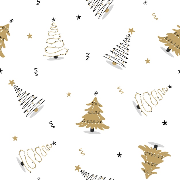 Patrón sin fisuras con árbol de Navidad negro y dorado.