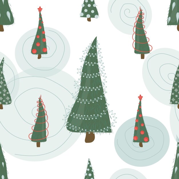 Patrón sin fisuras con árboles de Navidad decorados y círculos ilustración vectorial