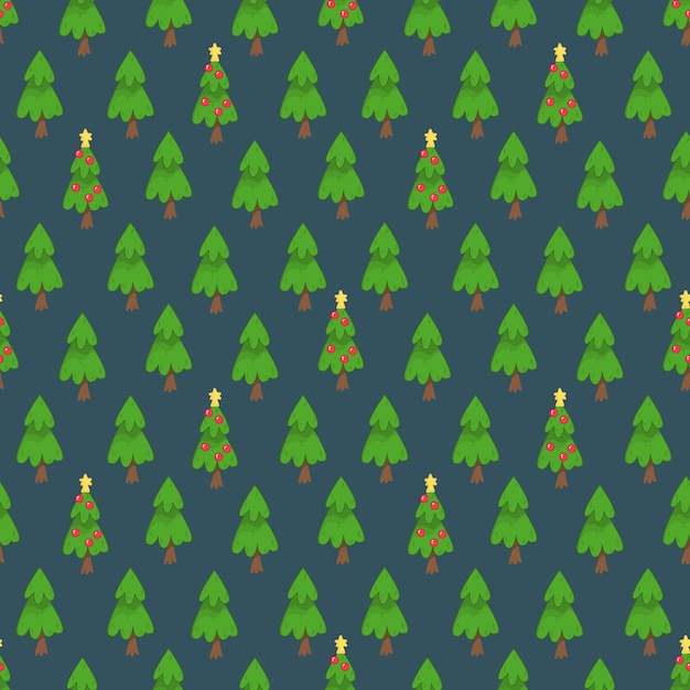 Patrón sin fisuras con árboles de Navidad y guirnaldas sobre un fondo oscuro. Ilustración de vector de estilo plano minimalista, dibujado a mano. Impresión minimalista navideña para textiles, diseño impreso, postales.