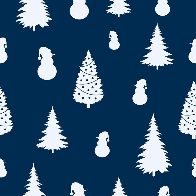 Patrón sin fisuras con árboles de Navidad y muñeco de nieve sobre un fondo azul oscuro