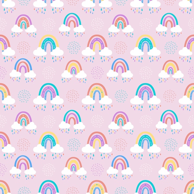 Patrón sin fisuras con arco iris abstracto y nubes sobre un fondo lila. Ilustración vectorial