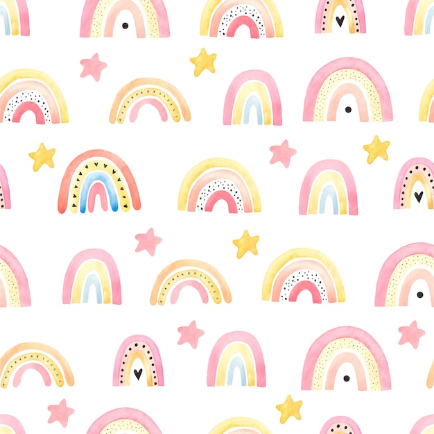 Patrón sin fisuras con arco iris boho, ilustración para niños, decoración de cosas para niños