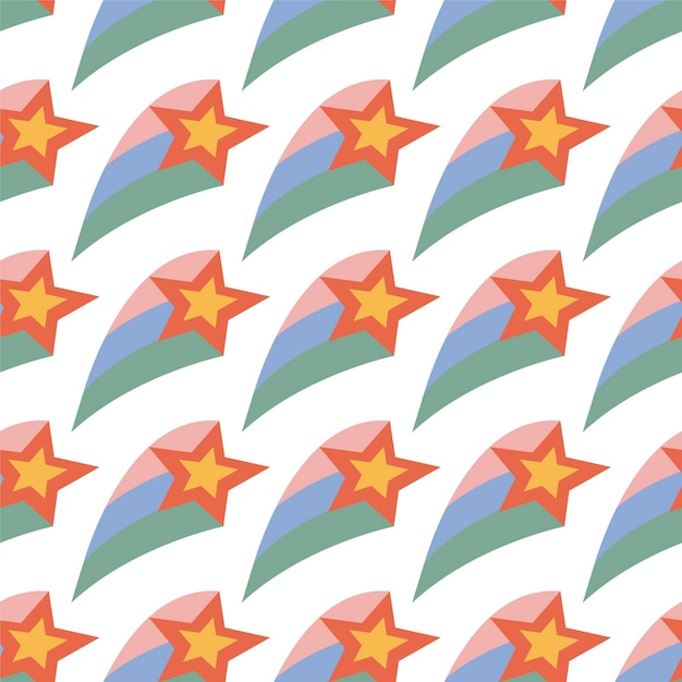 Patrón sin fisuras con arco iris y estrellas voladoras Fondo de verano retro maravilloso hippie