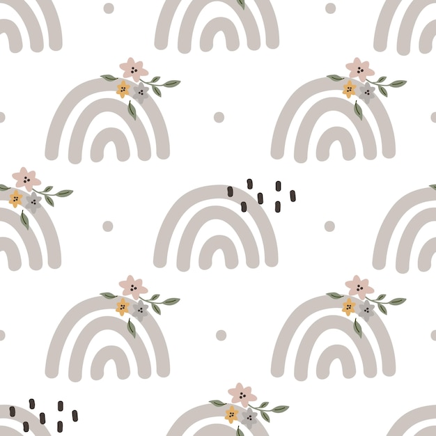 Patrón sin fisuras con arco iris y flores sobre fondo blanco. ilustración vectorial