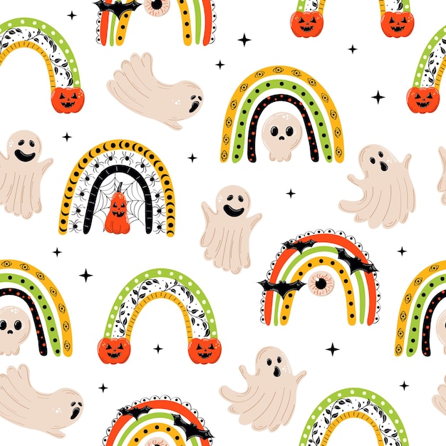 Patrón sin fisuras con arco iris de Halloween. Lindo arcoiris aterrador. Diseño para Halloween, vacaciones.