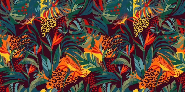 Patrón sin fisuras de arte abstracto con hojas y flores tropicales Diseño exótico moderno