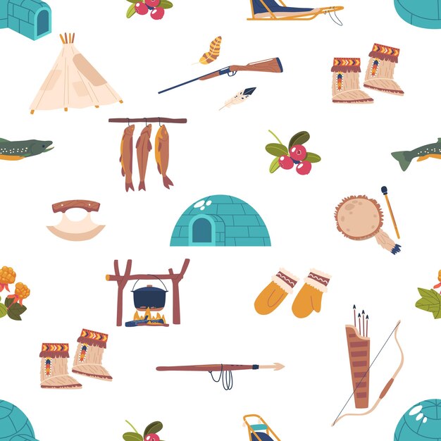 Patrón sin fisuras con artículos inuit Guantes iglú Mukluks Ulu y arpón Trineo Pandereta Caldero y pez Arco Flechas Plumas y bayas Ártico Vector de dibujos animados Fondo de pantalla de borde horizontal