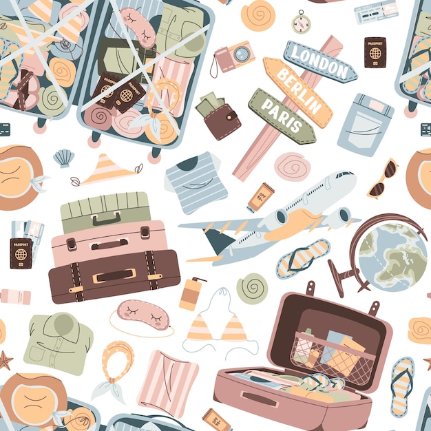 Patrón sin fisuras con artículos turísticos boletos de equipaje y avión Tiempo de viaje vacaciones de verano Textura sin fin sobre viaje y vuelo Ilustración vectorial plana