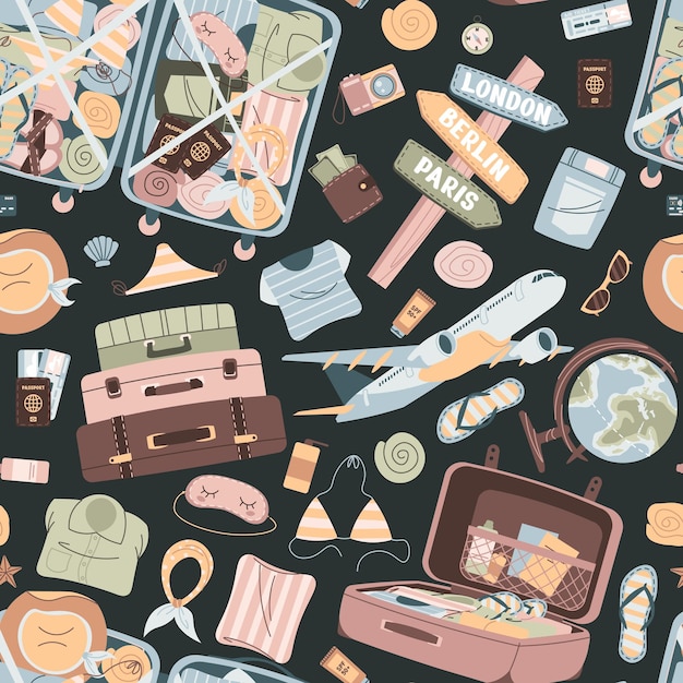 Patrón sin fisuras con artículos turísticos boletos de equipaje y avión Tiempo de viaje vacaciones de verano Textura sin fin sobre viaje y vuelo Ilustración vectorial plana