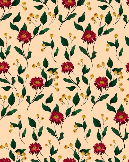 Patrón sin fisuras con aster floreciente. Flores de aster rojas rodeadas de follaje y pequeñas flores amarillas. Fondo botánico para varios revestimientos. Vector.