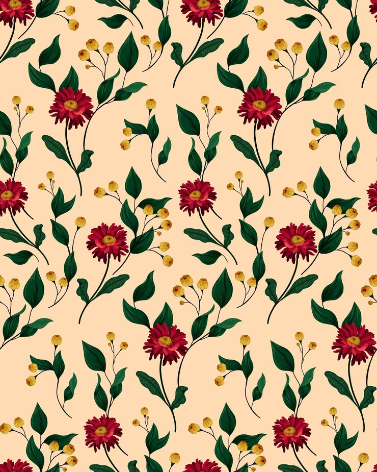 Patrón sin fisuras con aster floreciente. Flores de aster rojas rodeadas de follaje y pequeñas flores amarillas. Fondo botánico para varios revestimientos. Vector.