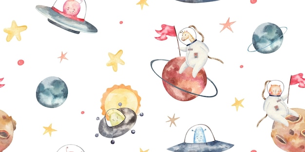 Patrón sin fisuras con astronautas y universo, naves espaciales, galaxia, linda ilustración infantil