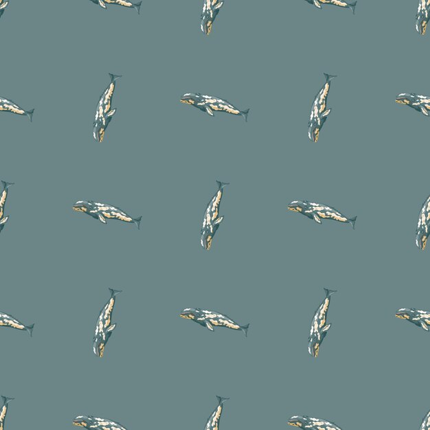 Patrón sin fisuras con ballena gris sobre fondo verde.Plantilla de océano de personaje de dibujos animados para tela.Textura vertical geométrica repetida con cetacean.Design marino para cualquier propósito.ilustración vectorial