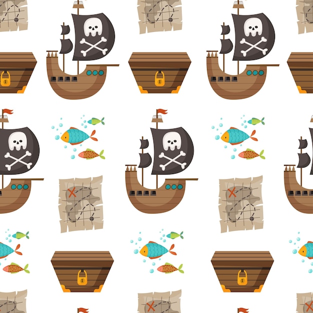 Vector patrón sin fisuras con barco pirata, mapa del tesoro con tesoro en estilo de dibujos animados.