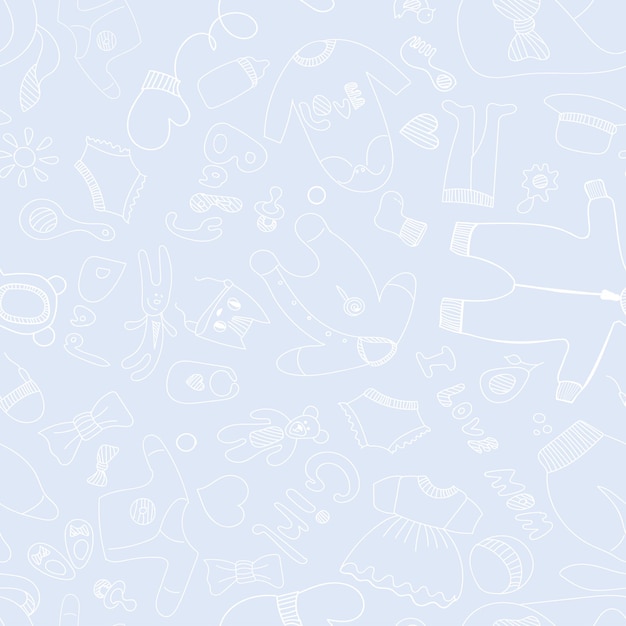 Patrón sin fisuras bebé iconos niño contorno azul y blanco