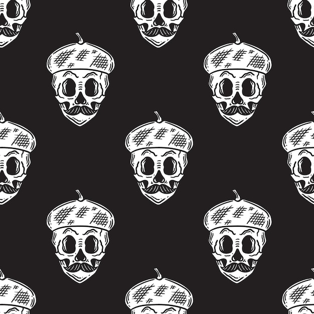 Vector patrón sin fisuras de bellota con calavera en estilo vintage sobre fondo negro