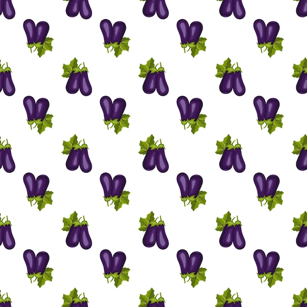 Patrón sin fisuras con berenjena. Impresión de vegetales saludables y hojas verdes sobre fondo blanco. Ilustración plana vectorial