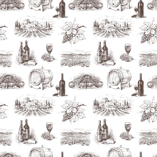 Vector patrón sin fisuras de bocetos símbolos elaboración de vino