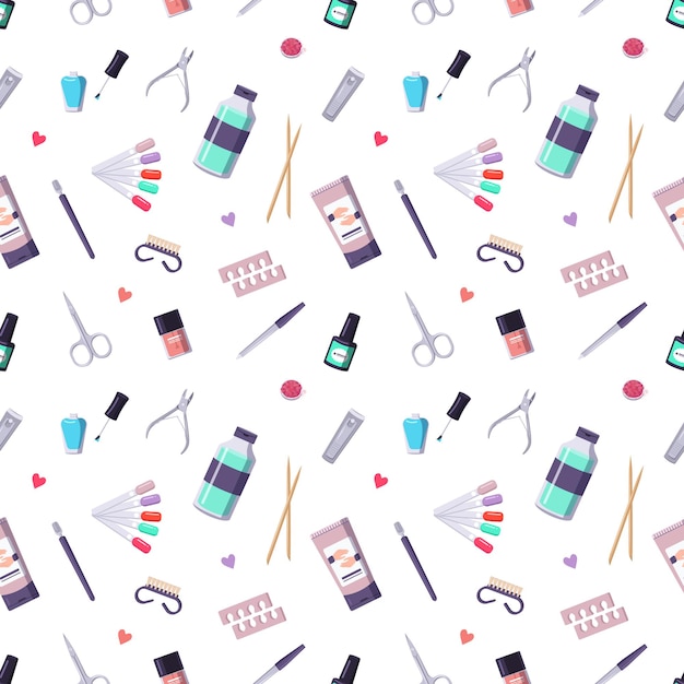 Patrón sin fisuras con una botella de esmalte de uñas y herramientas de manicura.
