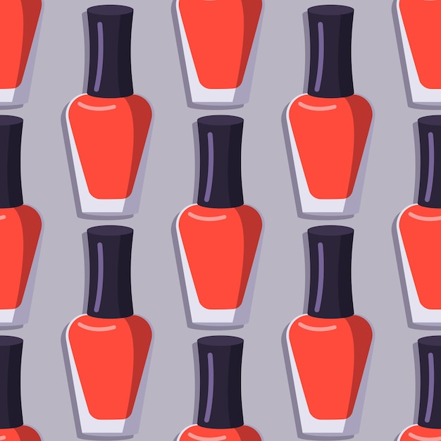 Patrón sin fisuras con una botella de esmalte de uñas rojo.