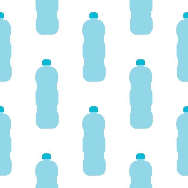 Patrón sin fisuras con botellas de plástico azul sobre fondo blanco.