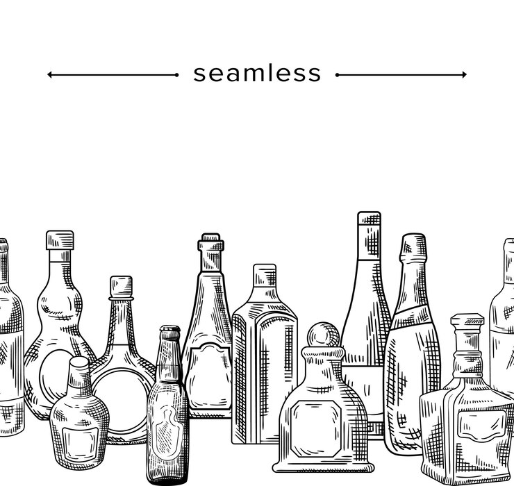 Vector patrón sin fisuras con botellas de vidrio doodle de varias formas vodka, ron, cerveza, whisky, bebidas alcohólicas, frascos vacíos, borde dibujado a mano o marco de dibujo con elementos grabados. ilustración vectorial lineal