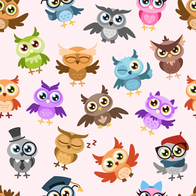 Patrón sin fisuras de búhos. Búho sabio lindo colorido, papel pintado infantil de la ternura de los pájaros del bosque alegre impresión, textura del vector de la historieta divertida de la materia textil