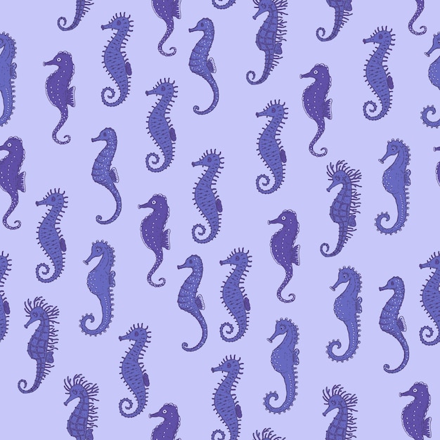 Patrón sin fisuras de caballito de mar azul Vector océano animales vida submarina garabato bosquejo fondo