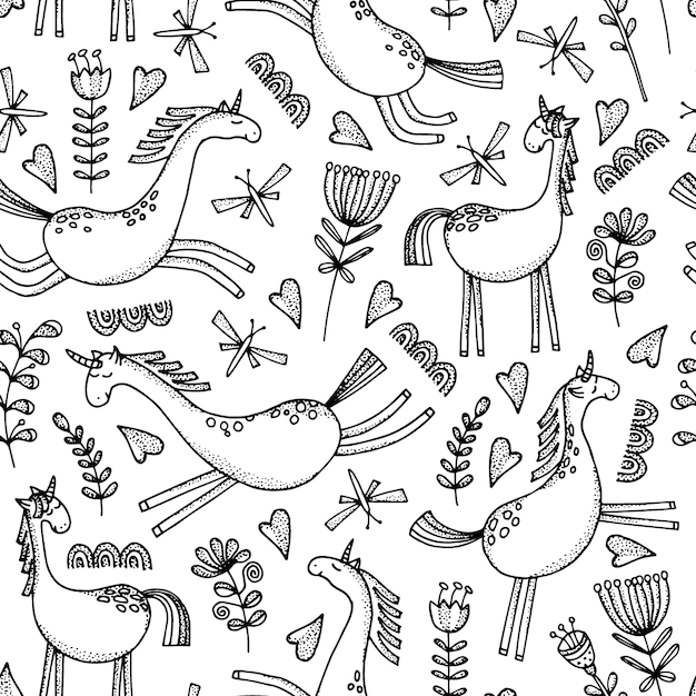 Patrón sin fisuras con caballos de dibujos animados dibujados a mano.