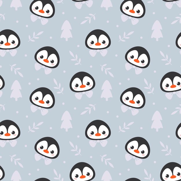 Vector patrón sin fisuras con cabeza de pingüino de dibujos animados lindo y árbol de navidad sobre fondo gris vector