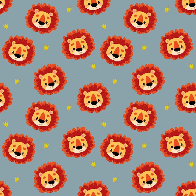 Patrón sin fisuras con cabezas de cachorros de león lindo sobre fondo gris Vector de avatar de leones divertidos de dibujos animados